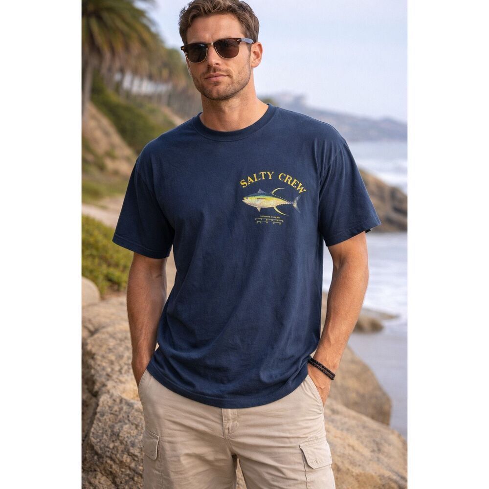 Salty Crew Graphic T-Shirt Navy Tuna Print Back Logo Size L Surf Tee See Notes
